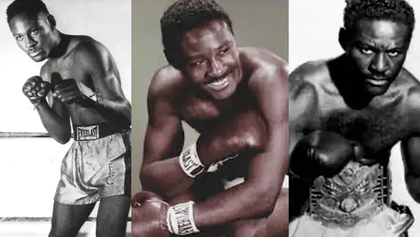 Three images of boxer Ezzard Charles. One shows him in a boxing stance, another with a wide smile, and the third wearing a championship belt.
