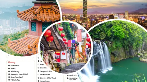 Taiwan Reisetipps: Ein traditioneller Tempel, eine belebte Gasse mit roten Laternen und ein rauschender Wasserfall. Packen Sie Kleidung, Sonnencreme und mehr ein!
