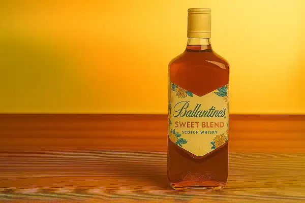 Butelka Ballantine's Sweet Blend na drewnianym blacie. Idealna do drinków, np. z colą lub jako baza do koktajli. Z czym pić Ballantines Brasil?