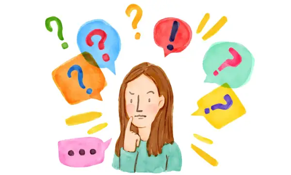 Een meisje denkt na, omringd door vraagtekens en uitroeptekens. Ze zoekt antwoorden, een proces dat bij omgaan met hooggevoeligheid soms lastig kan zijn.