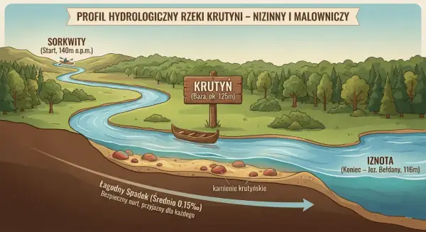 Ilustracja profilu hydrologicznego rzeki Krutyni z kajakiem, łódką i oznaczeniami tras.