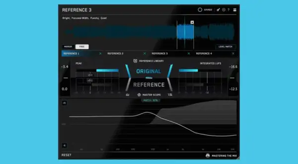 Audio mastering software interface showing the "Reference 3" plugin with waveform, meters, and frequency graph.