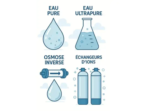 Illustration comparant l'eau pure, l'eau ultrapure, l'osmose inverse et les échangeurs d'ions. Comprendre la différence eau osmosée et déminéralisée.
