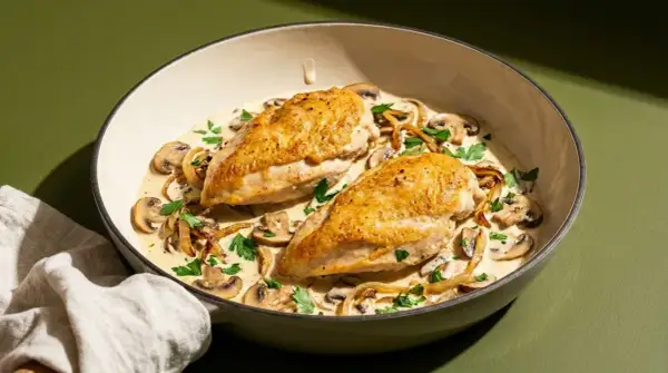 Zwei goldbraune Hähnchenbrustfilets, ein **supreme de poulet**, ruhen in cremiger Pilzsoße mit frischer Petersilie.