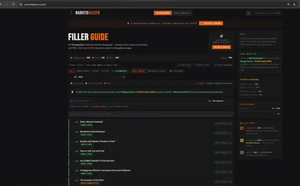 NarutoKaizen zeigt alle 720 Naruto-Folgen, inklusive **naruto filler folgen**, um die Geschichte ohne unnötige Füller zu verfolgen.