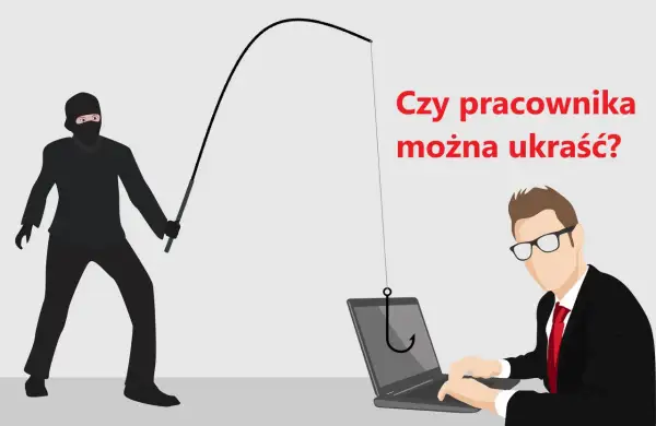 Złodziej w masce próbuje "ukraść" pracownika, który pracuje przy laptopie. Ilustracja symbolizuje nieuczciwą konkurencję i podkradanie talentów.