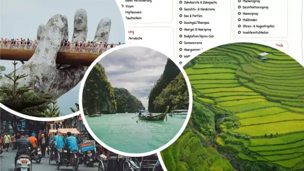 Packliste Vietnam: Goldene Brücke, Reisterrassen, Bootsfahrt und Stadtleben. Alles für die Reise dabei!