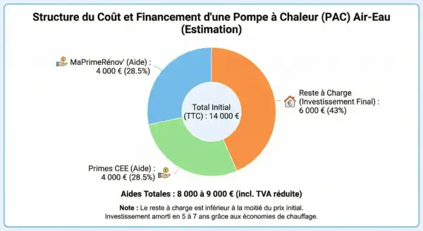 Structure du coût d'une PAC Air-Eau : 14 000€ TTC. Aides : 8 000-9 000€. Reste à charge : 6 000€. Le coût remplacement chaudière fioul par pompe à chaleur est amorti.