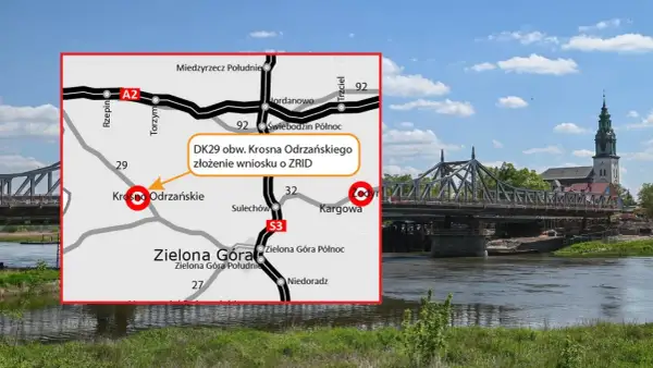 Mapa drogowa z zaznaczonym Krosnem Odrzańskim i informacją o DK29. Obok most w budowie i wieża kościelna. Sprawdź krosno odrzańskie pogoda na 10 dni.