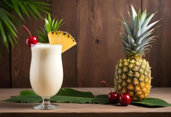 Pina colada przepis: kremowy koktajl z ananasem, wiśnią i liśćmi palmowymi. Idealny na tropikalne wakacje.