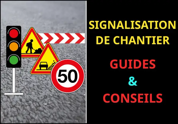 Signalisation de chantier : feux, panneaux de danger, limitation de vitesse 50, barrière. Respectez la loi de roulage.