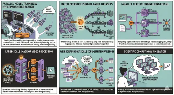Entraînement de modèles ML, traitement de données, ingénierie de caractéristiques, traitement d'images, web scraping et simulations scientifiques : le multiprocessing accélère ces tâches.