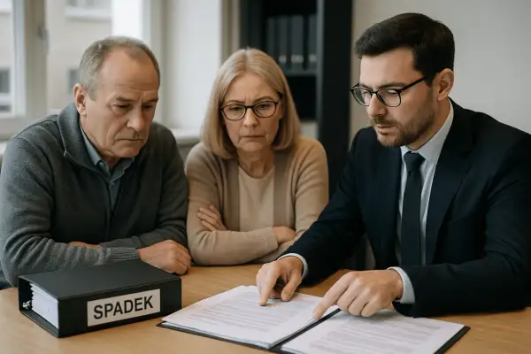 Prawnik wyjaśnia starszemu małżeństwu kwestie spadkowe. Rozmawiają o tym, kto dziedziczy po dziecku.