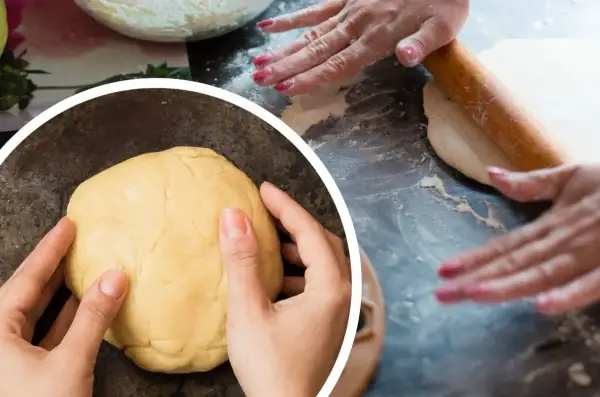 Dłonie formują ciasto na pizzę. Czy ciasto na pizzę można trzymać w lodówce? Tak, można je przechowywać w lodówce.