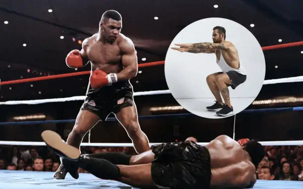 Mike Tyson in the ring, with a superimposed image of a man doing a squat.