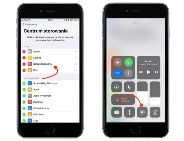iPhone z włączonym nagrywaniem ekranu. Na lewym ekranie widać ustawienia Centrum sterowania, gdzie zaznaczono "Screen Recording". Prawy ekran pokazuje Centrum sterowania z aktywną funkcją nagrywania.