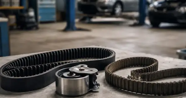Deux courroies de distribution et un galet tendeur, prêts pour une kit distribution dans un atelier automobile.