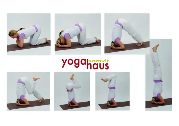Frau übt verschiedene Schritte des Sirsasana Yoga, beginnend auf Knien, dann auf Unterarmen und Kopf, bis sie den Kopfstand erreicht.