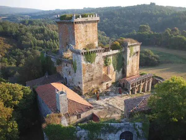 El **castillo de Pambre**, una fortaleza de piedra antigua, se alza entre bosques frondosos. Sus muros cubiertos de hiedra y tejados rojizos evocan historias de antaño.