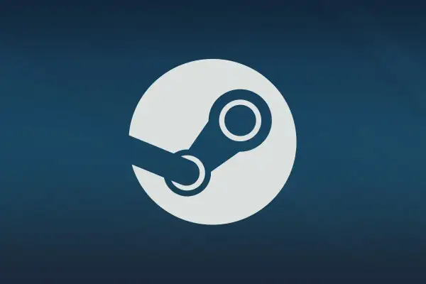 Białe logo Steam, przypominające obłok pary, na granatowym tle.