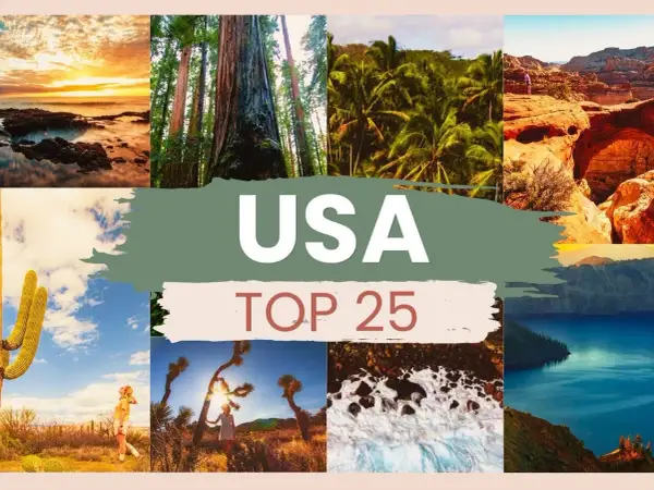 Kolaż zdjęć z USA: zachód słońca nad oceanem, sekwoje, palmy, kaniony, kaktusy, pustynia, lodowe formacje i jezioro.