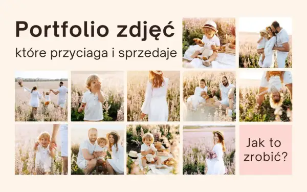 Portfolio zdjęć rodzinnych w plenerze. Uśmiechnięte dzieci i rodzice w białych strojach na tle kwitnącej łąki.