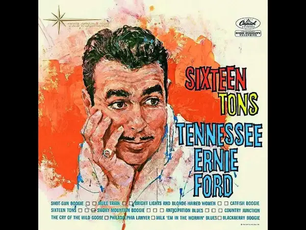 Okładka albumu Tennessee Ernie Ford "Sixteen Tons". Portret artysty z charakterystycznym wąsem i pierścieniem na palcu.