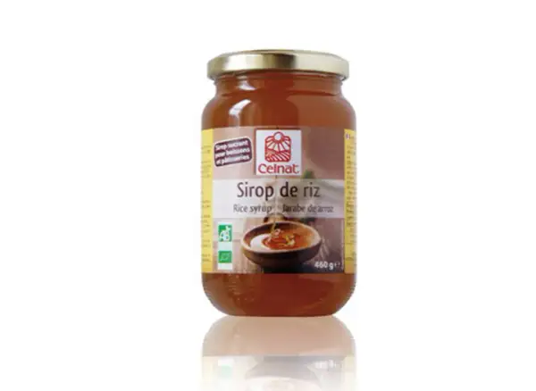 Bocal de sirop de riz Celnat, un sucrant naturel idéal pour remplacer le sucre dans vos boissons et pâtisseries. 460g.