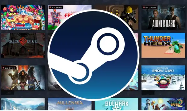 Logo Steam na tle okładek gier komputerowych.
