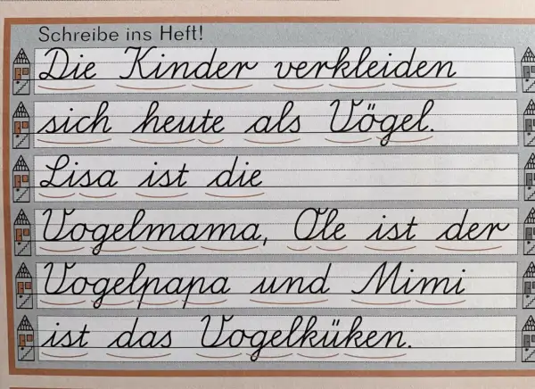 Übungstext in verbundener Grundschrift: Kinder verkleiden sich als Vögel. Lisa ist Vogelmama, Ole Vogelpapa, Mimi Vogelküken.