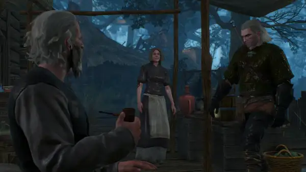 Geralt z Rivii w "Wiedźmin 3 bez śladu" rozmawia z parą wieśniaków.