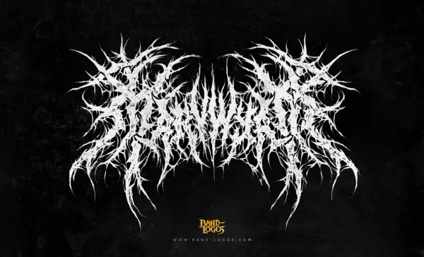 Białe, postrzępione logo zespołu w stylu black metal, przypominające korzenie lub ciernie, na czarnym, teksturowanym tle.