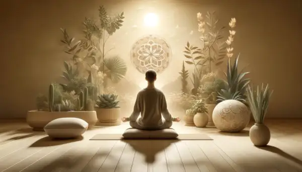 Personne en posture de lotus, entourée de plantes, méditant avec un mantra. Lumière douce, ambiance sereine.