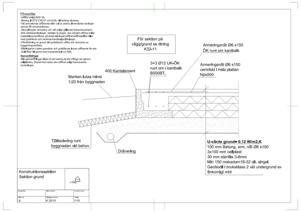 Konstruktionsritning grund visar en tvärsnittssektion av en byggnads grund med detaljer om isolering, dränering och armering.