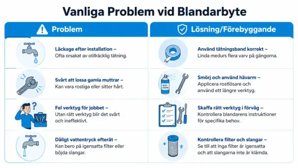 Infografik som visar vanliga problem och lösningar vid byta blandare handfat, som läckage, rostiga muttrar och fel verktyg.