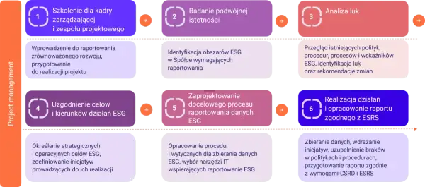Schemat przedstawia 6 kroków zarządzania projektem ESG: od szkoleń i analizy luk po raportowanie zgodne z ESRS. Dowiedz się, esg co to jest i jak je wdrożyć.
