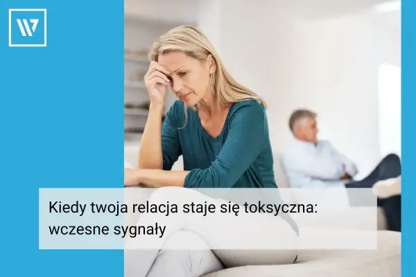 Zmartwiona kobieta siedzi z ręką na czole, podczas gdy mężczyzna siedzi odwrócony tyłem. To sygnały, że relacja może być toksyczna, a czerwone flagi powinny zostać zauważone.