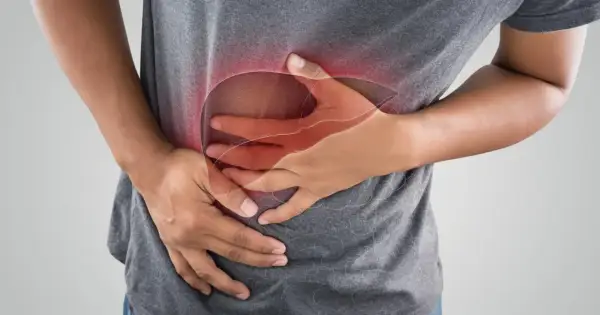 Ból brzucha z zaznaczonym obszarem wątroby. Może to być sygnał, że potrzebujesz wsparcia dla swojego organizmu, np. z pomocą hepatil.