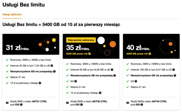 Oferta Orange: rozmowy, SMS, MMS bez limitu i 5400 GB internetu. Wybierz pakiet od 31 zł/mies. lub skorzystaj z promocji na pierwszy miesiąc.