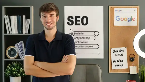 Uśmiechnięty mężczyzna z rękami skrzyżowanymi na piersi, obok tablicy z hasłem "SEO" i schematem. W tle logo Google.