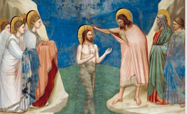 Dopet av Jesus. En viktig händelse som visar hur blir man kristen. Johannes Döparen döper Jesus i Jordanfloden.