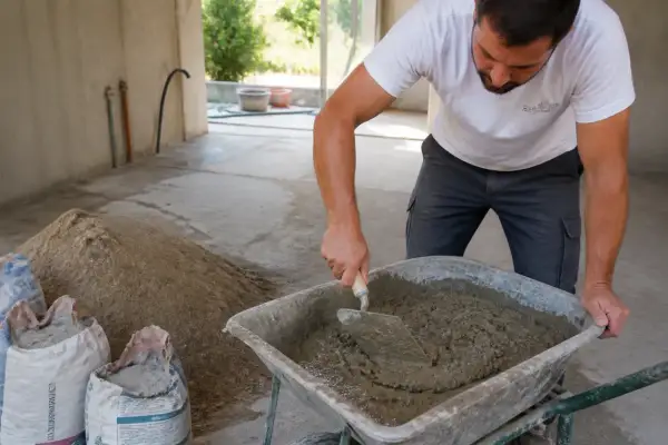 Un ouvrier prépare le mélange pour le dosage chape pour carrelage, mélangeant ciment et sable dans une brouette.