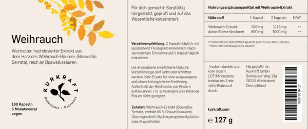 Weihrauch-Kapseln: 180 Stück, vegan. Empfehlung: 2 Kapseln täglich mit Flüssigkeit einnehmen, um Weihrauch einzunehmen.