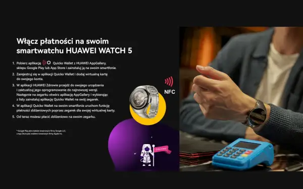 Jak połączyć smartwatch Huawei z telefonem, by płacić zbliżeniowo. Instrukcja krok po kroku, jak skonfigurować płatności NFC na zegarku.