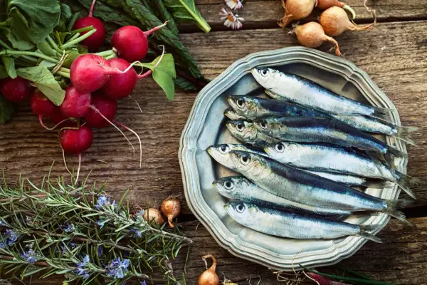 Sardine fresche su piatto d'argento, contornate da ravanelli, rosmarino e cipolline. Un pasto che ricorda una tabella alimenti ricchi di calcio e vitamina D.