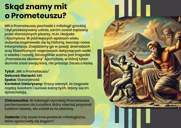 Prometeusz, przykłady motywów mitologicznych: Zeus karzący Prometeusza za kradzież ognia dla ludzi.