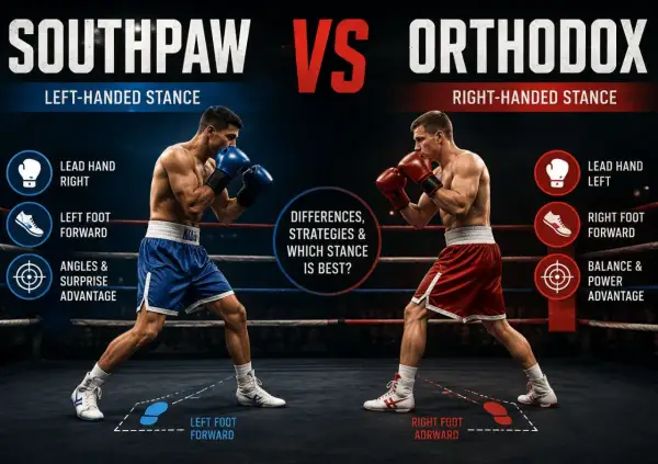 Two boxers face off, one in a southpaw stance (left-handed) and the other in an orthodox stance (right-handed), illustrating their differences.