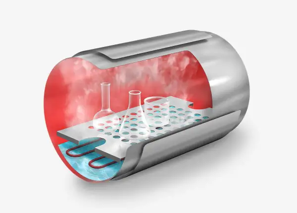 Sezione di un'autoclave: vapore rosso circonda fiaschi su una griglia sopra acqua riscaldata.