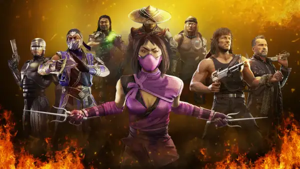 Mortal Kombat 11 postacie: Robocop, Sub-Zero, Mileena, Raiden, Liu Kang, Rambo i Terminator gotowi do walki na tle płomieni.
