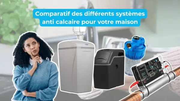 Comparatif des systèmes anti calcaire pour l'eau en France. Une femme réfléchit devant des appareils de traitement d'eau.